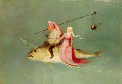 De Verleiding van St. Antonius, rechterpaneel, detail van een paar dat op een vis rijdt door Hieronymus Bosch